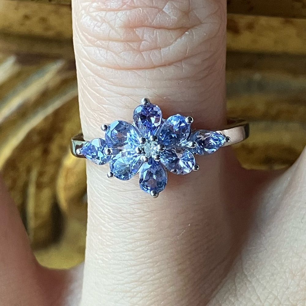 Natural Tanzanite White Diamond Sterling Silver Ring Size 6.75